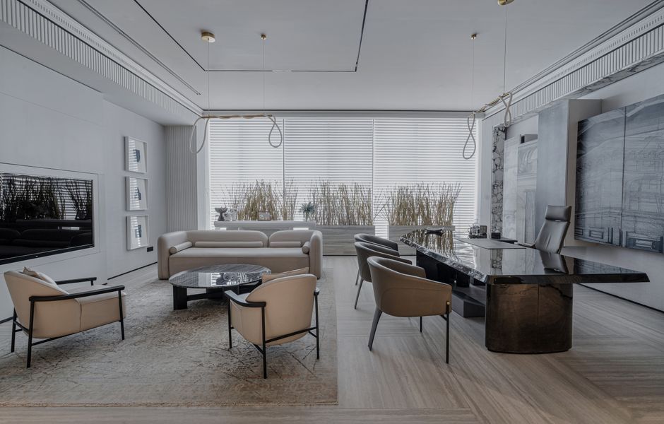 Stylish modern office with luxury furniture, elegant design.